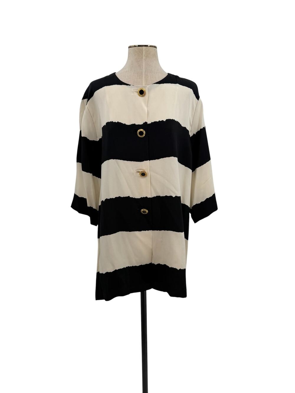 Marina‎ Rinaldi Silk Stripe Button Front Top Black Ivory Italy US 16 25